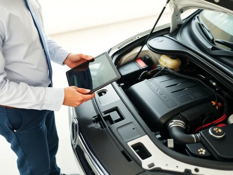 Professional appraiser inspecting a vehicle engine with a tablet